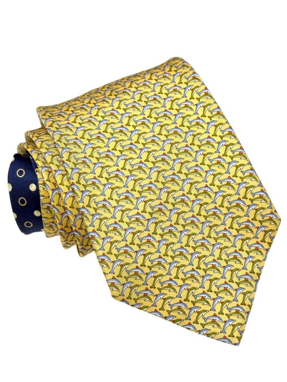 Tommy Hilfiger Dolphins Tie 100% Silk Luxury Necktie Yellow Navy Preppy Nautical